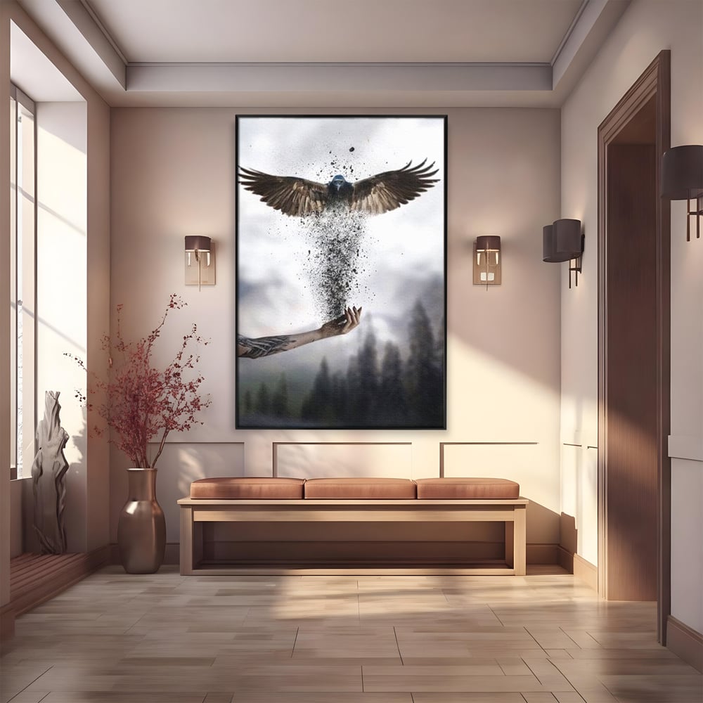 Tablou canvas cu tablou canvas cu pasare si mana din cenusa, in rama de aluminiu negru